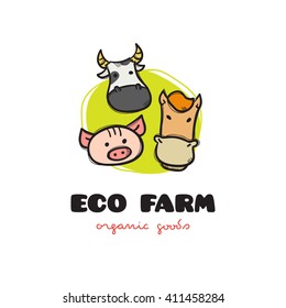 Vector funny cartoon style eco farm logo with pig, cow and horse. Sketchy doodle farm animals logo