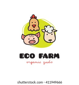 Vector funny cartoon style eco farm logo with pig, hen and sheep. Sketchy doodle farm animals logo