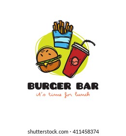 Vector funny cartoon style snack bar logo with burger, fries and soda. Sketchy doodle cafe logo