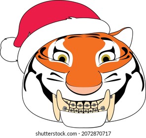 Vector funny cartoon tiger head with a wide smile wearing a Christmas Santa Claus hat. There are braces on the tiger's teeth. Isolated New Year character on a white background.