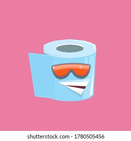 vector funny cartoon toilet paper roll character with sunglasses isolated on pink background. funky smiling kawaii tolet paper roll character