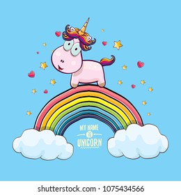 vector funny cartoon unicorn sitting on rainbow in sky with clouds. My name is unicorn vector concept illustration. funky hand drawn kids background