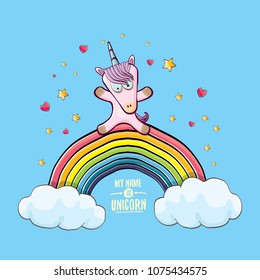 vector funny cartoon unicorn sitting on rainbow in sky with clouds. My name is unicorn vector concept illustration. funky hand drawn kids background