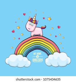 vector funny cartoon unicorn sitting on rainbow in sky with clouds. My name is unicorn vector concept illustration. funky hand drawn kids background
