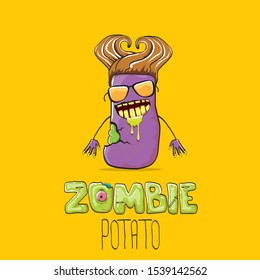 vector funny cartoon violet zombie hipster potato character with hair isolated on orange background. My name is zombie potato vector concept halloween background. monster vegetable funky character