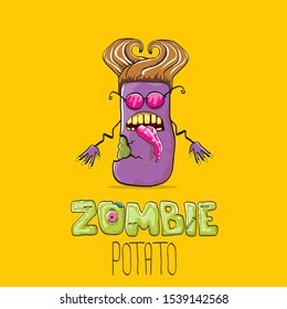 vector funny cartoon violet zombie hipster potato character with hair isolated on orange background. My name is zombie potato vector concept halloween background. monster vegetable funky character