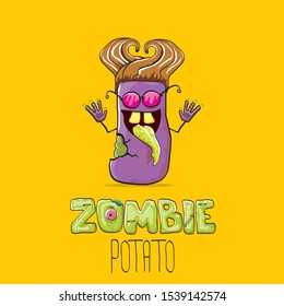 vector funny cartoon violet zombie hipster potato character with hair isolated on orange background. My name is zombie potato vector concept halloween background. monster vegetable funky character