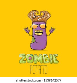 vector funny cartoon violet zombie hipster potato character with hair isolated on orange background. My name is zombie potato vector concept halloween background. monster vegetable funky character
