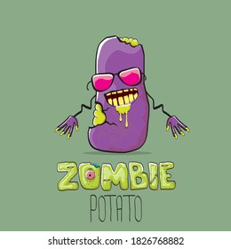 vector funny cartoon violet zombie hipster potato character with hair isolated on green background. My name is zombie potato vector concept halloween background. monster vegetable funky character