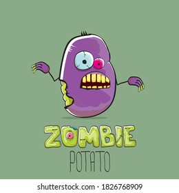 vector funny cartoon violet zombie hipster potato character with hair isolated on green background. My name is zombie potato vector concept halloween background. monster vegetable funky character