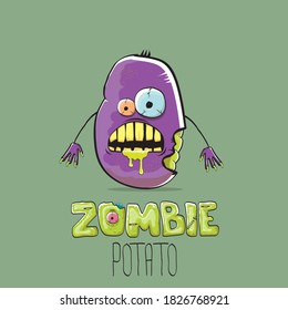 vector funny cartoon violet zombie hipster potato character with hair isolated on green background. My name is zombie potato vector concept halloween background. monster vegetable funky character