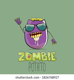 vector funny cartoon violet zombie hipster potato character with hair isolated on green background. My name is zombie potato vector concept halloween background. monster vegetable funky character