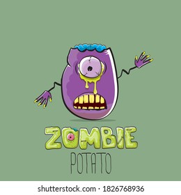 vector funny cartoon violet zombie hipster potato character with hair isolated on green background. My name is zombie potato vector concept halloween background. monster vegetable funky character