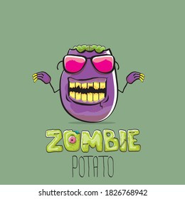 vector funny cartoon violet zombie hipster potato character with hair isolated on green background. My name is zombie potato vector concept halloween background. monster vegetable funky character
