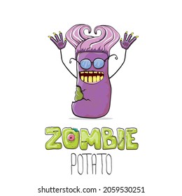 vector funny cartoon violet zombie hipster potato character with hair isolated on violet background. My name is zombie potato vector concept Halloween background. monster vegetable funky character