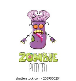 vector funny cartoon violet zombie hipster potato character with hair isolated on violet background. My name is zombie potato vector concept Halloween background. monster vegetable funky character