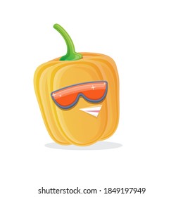 vector funny cartoon yellow bell pepper character with sunglasses isolated on white background. funky smiling cute sweet Bulgarian pepper vegetable character. 