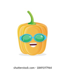vector funny cartoon yellow bell pepper character with sunglasses isolated on white background. funky smiling cute sweet Bulgarian pepper vegetable character. 