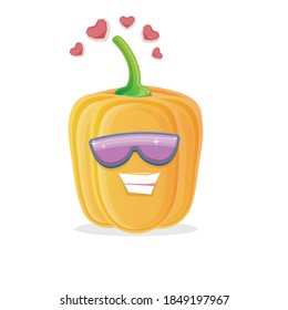 caricatura vectorial divertido personaje de pimiento amarillo con gafas de sol aisladas en fondo blanco. funky sonriente lindo dulce dulce búlgaro pimienta personaje vegetal. 