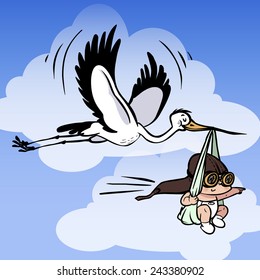 vector funny cartoons stork carries newborn