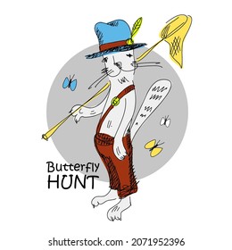 Vector funny cat with butterfly and net. Hand drawn illustration of funny dressed tomcat with hat. Children's drawing style.