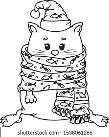 Vector funny cat cartoon, black silhouette for coloring.  