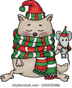 Vector funny cat cartoon  holding rat.