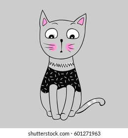 Vector funny cat. Cute kitten hand drawn illustration. Stylish cartoon animals. Doodle comic character. 