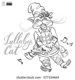 vector funny cat from a fairy tale dressed in Russian traditional costume singing and playing the harp.  It can be used for coloring books, greeting cards, posters or t-shirts.