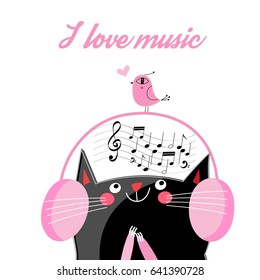 Vector funny cat in headphones listening to music on a white background