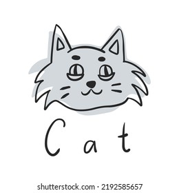 Vector Funny Cat Illustration With Lettering. Hand Drawn Adorable Kitty Head Doodle Art. Simple Pet Character Portrait. Stylish Print For Kids, Veterinary, Pet Shop Logo