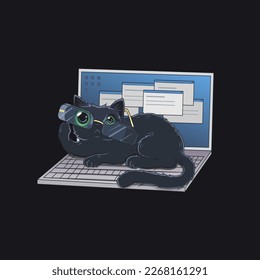 Vector Funny Cat on Laptop Illustration