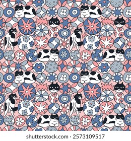 Vector funny cat seamless pattern. Doodle stylish geometrical repeat design. Doodle seamless print with cats, stars and flowers. Cute fabric or wakkpaper design