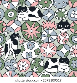 Vector funny cat seamless pattern. Doodle stylish geometrical repeat design. Doodle seamless print with cats, stars and flowers. Cute fabric or wakkpaper design