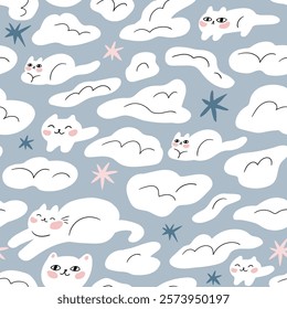 Vector funny cat seamless pattern. Hand drawn stylish dream repeat design. Animal seamless print with cats, stars and clouds. Cute bedding fabric design or wallpaper for nursery