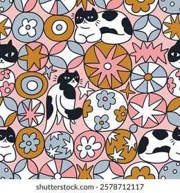 Vector funny cat seamless pattern. Doodle stylish geometrical repeat design. Doodle seamless print with cats, stars and flowers. Cute fabric or wakkpaper design