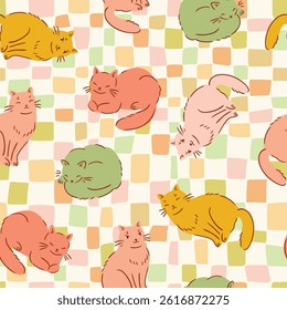 Vector funny cat seamless pattern. Hand drawn stylish animal y2k repeat print design. Colorful cats on checkered background in bright colors. Cute kids fabric design 