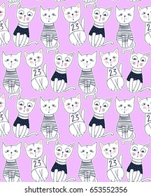 Vector funny cat seamless pattern. Cute kitten hand drawn illustration. Stylish cartoon animals background. Ideal for fabric, wallpaper, wrapping paper, textile, bedding, t-shirt print.