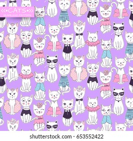 Vector funny cat seamless pattern. Cute kitten hand drawn illustration. Stylish cartoon animals background. Ideal for fabric, wallpaper, wrapping paper, textile, bedding, t-shirt print.