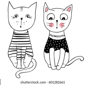 Vector funny cats. Cute kitten hand drawn illustration. Stylish cartoon animals. Doodle comic character. 