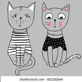 Vector funny cats. Cute kitten hand drawn illustration. Stylish cartoon animals. Doodle comic character. 