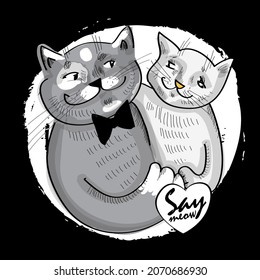 Vector funny cats. Hand drawn illustration of funny gray cats. Children's drawing style. Text. Say meow!