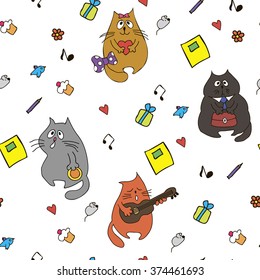 Vector funny cats and hearts seamless hand drawn pattern 