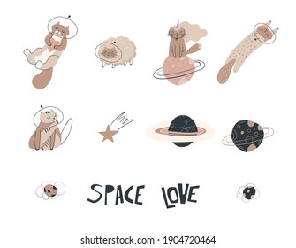 Vector funny cats sticker set for space love thematic. Cute animals clip art isolated illustration