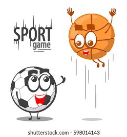 Vector funny character of balls. Basketball and football balls. Isolated on white background. Sport games.