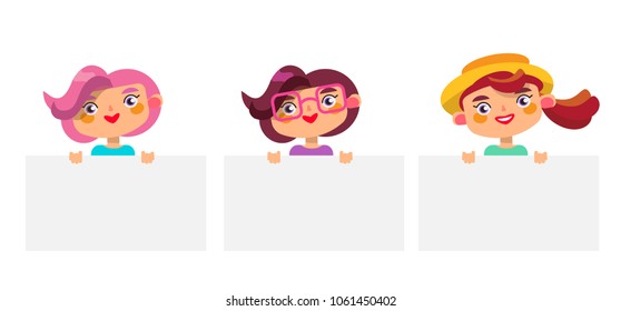 Vector funny character girls holding a white banner. Summer collection. 