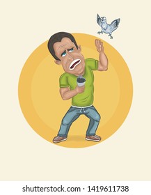 Vector Funny Character Illustration Print Poster Drawing Man and Bird 