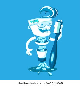 Vector funny character. Tube of toothpaste holds a brush and smiling.
