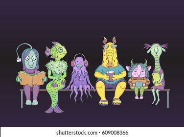 Personajes vectoriales, extraterrestres y frikis se sientan en un banco. 