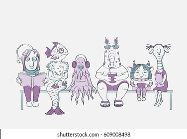 Vector funny characters aliens and freaks sit on a bench